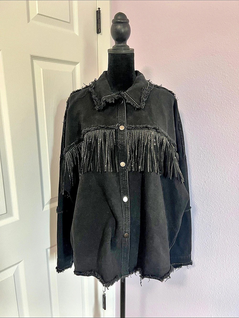 The Style Between Us Black Studded Fringe Denim Jacket XL
